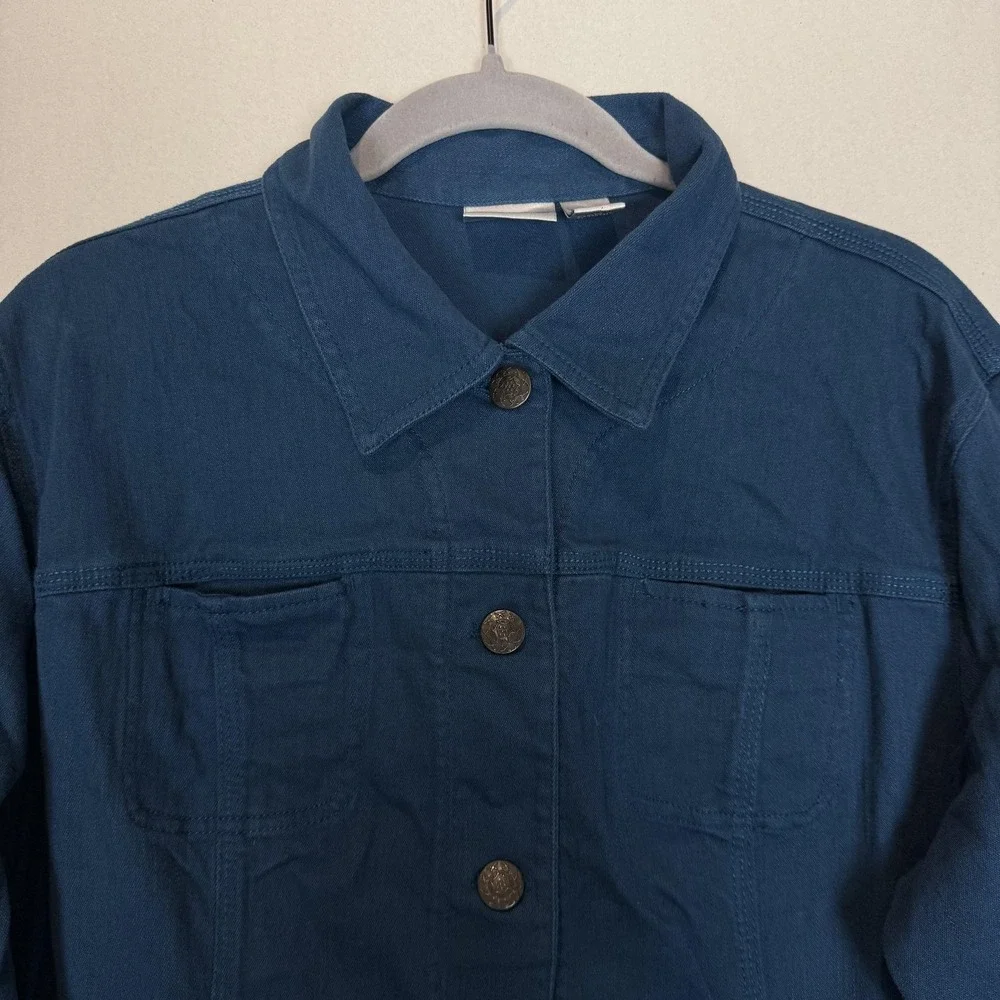 Chico's‎ Jacket Womens 3 Blue Denim Button Front Embroidered Back Boho Casual
